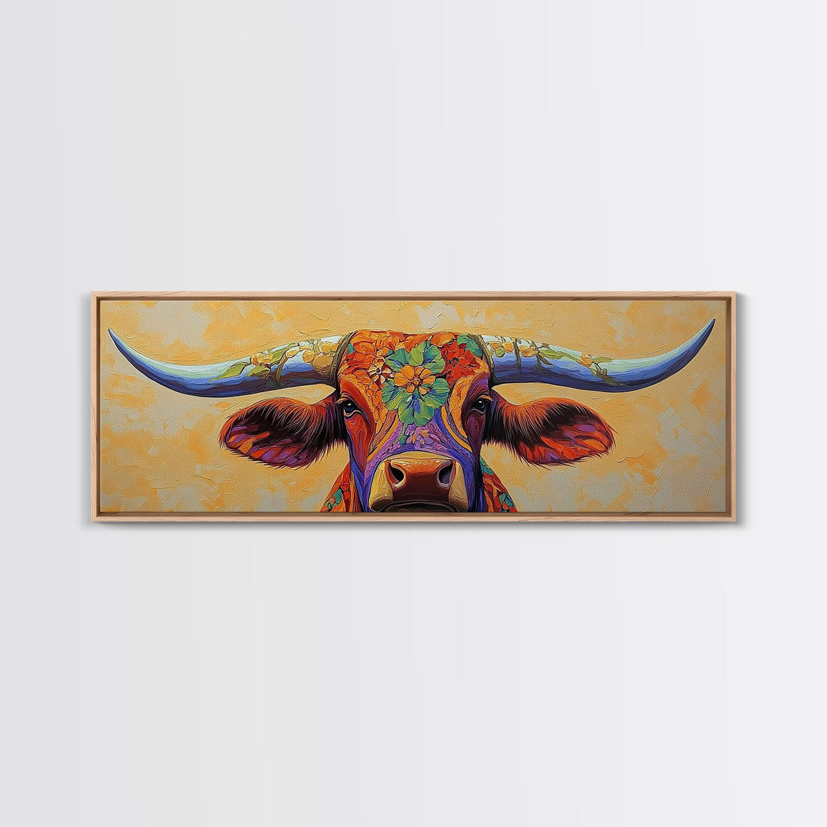 Floral Longhorn Art, Southwestern Wall Art, Texas Cow Art, Rustic Farmhouse Decor, Boho Art, Framed Canvas Print, Moody Art