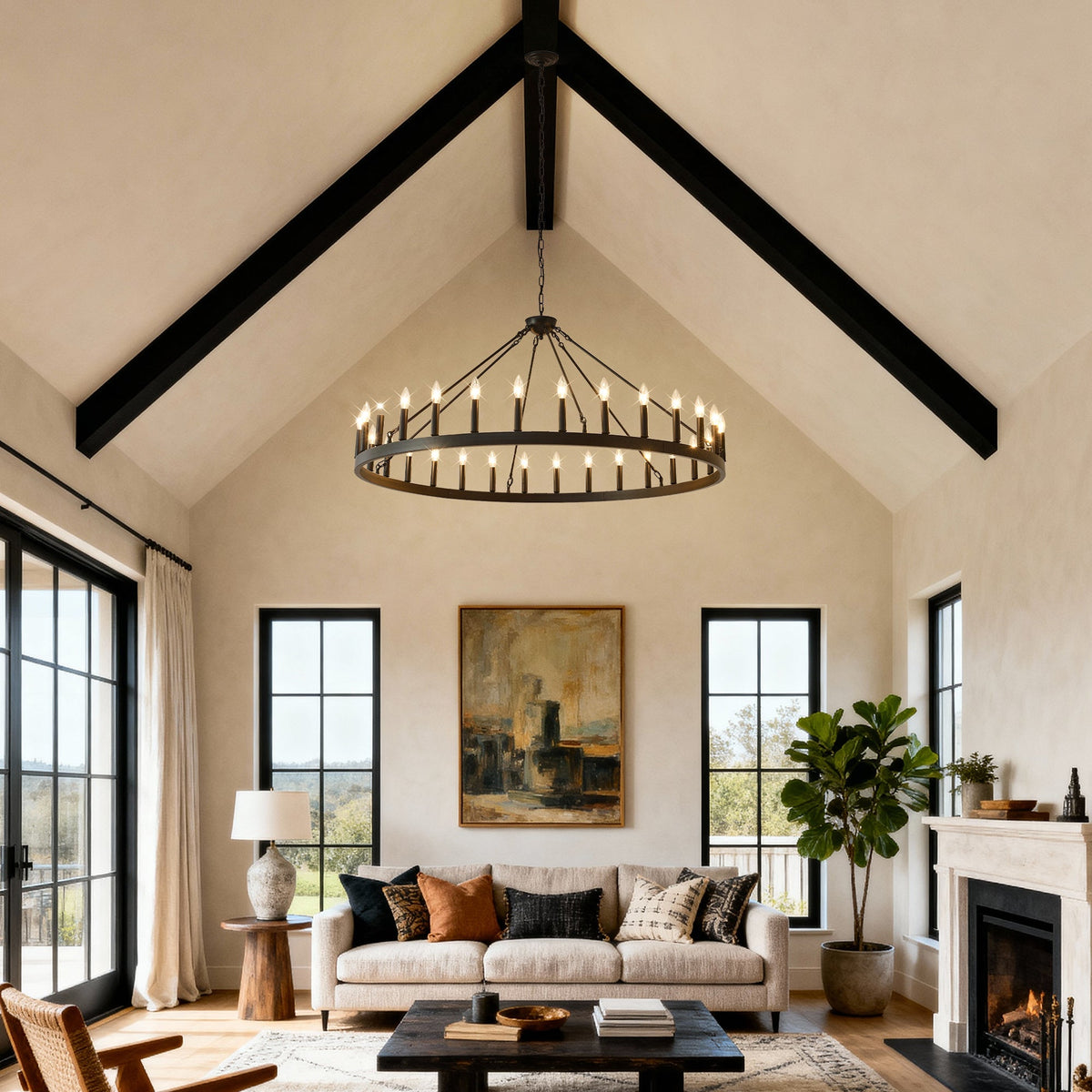 53" Matte Black Wagon Wheel Chandelier with 30 Lights – Rustic Farmhouse Ceiling Light