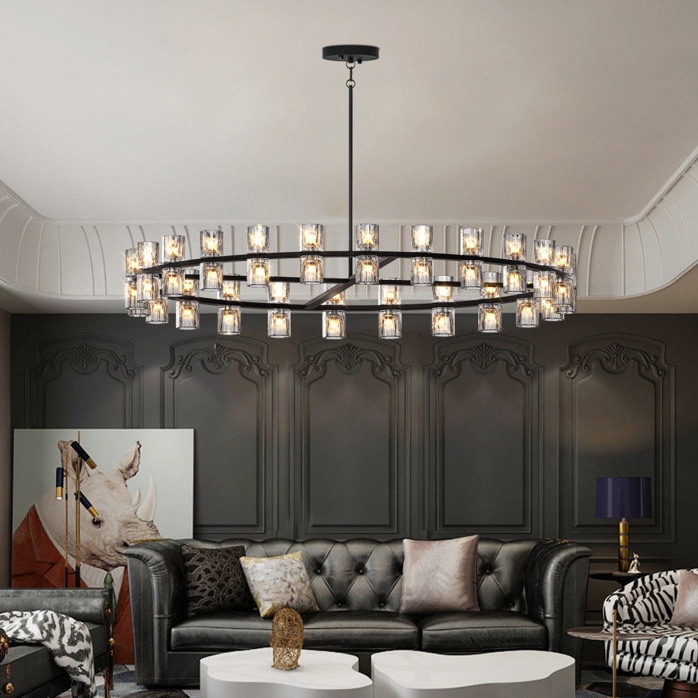 Luxury Crystal Chandelier | Double-Ring LED Ceiling Light for Living Room & Dining Room — Black or Gold, Round or Rectangular