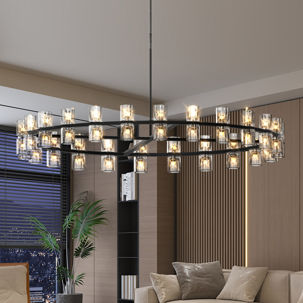 Luxury Crystal Chandelier | Double-Ring LED Ceiling Light for Living Room & Dining Room — Black or Gold, Round or Rectangular
