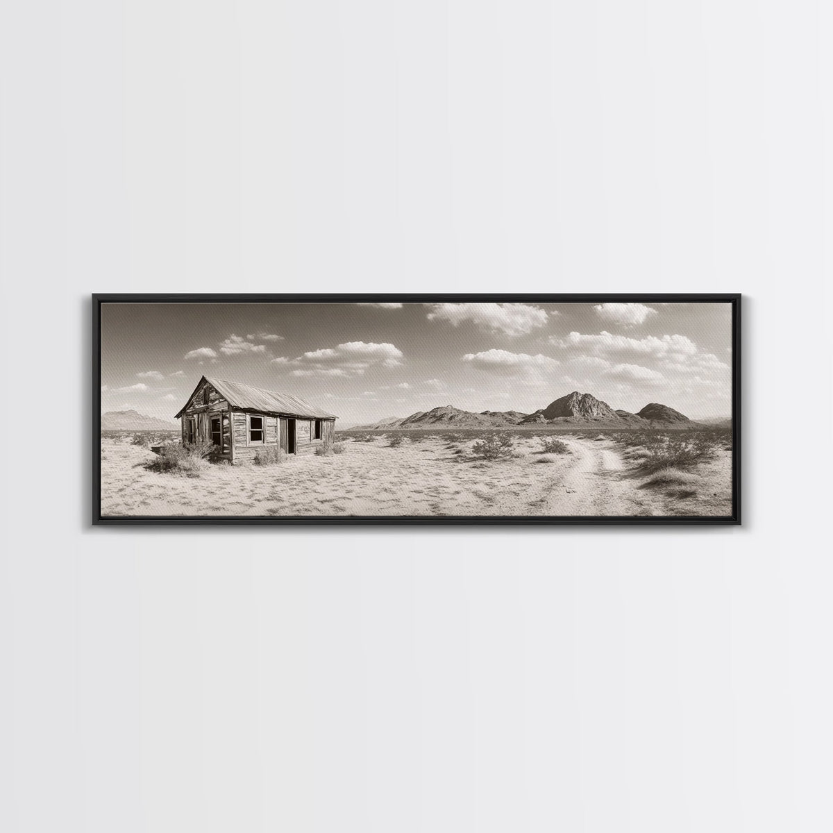 Desert Cabin, Rustic Shack, Western Landscape, Framed Canvas Print, Sepia Wall Art, Office Decor, Vintage Desert Scene