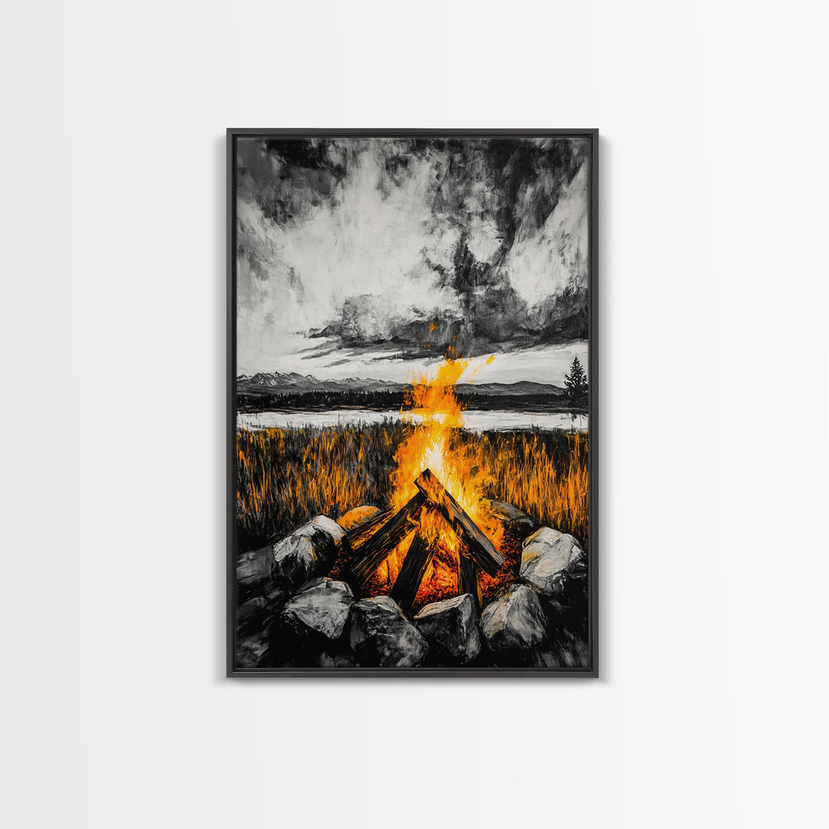 Campfire Painting, Moody Art, Rustic Wall Decor, Fire Pit Artwork, Black White Orange Art, Framed Canvas Print, Cabin Wall Art