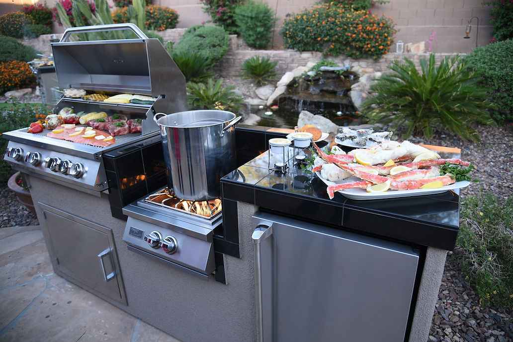 7.5' Outdoor Kitchen Island with 4-Burner Grill, Wok Burner & Refrigerator – Complete BBQ Station