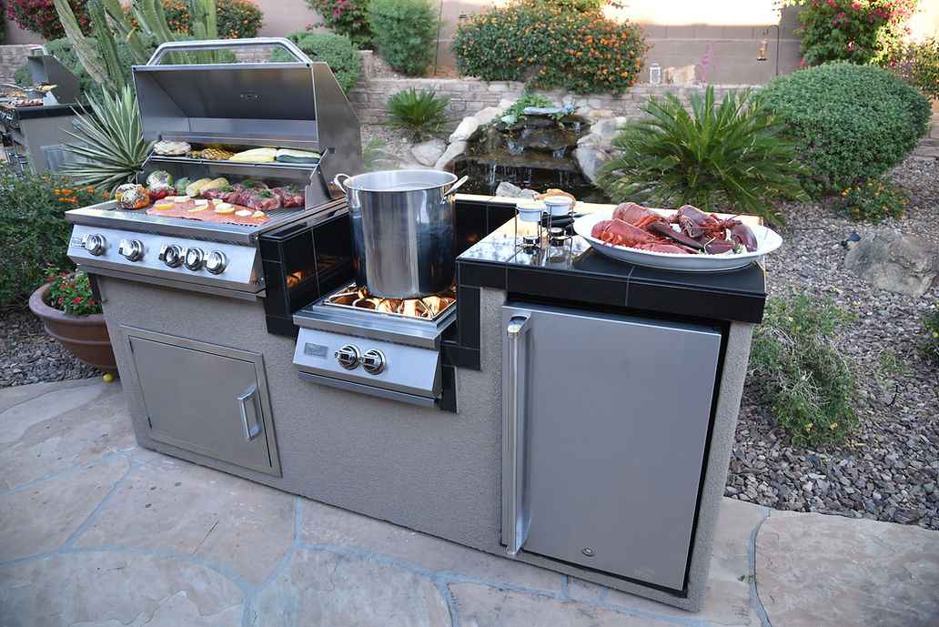 7.5' Outdoor Kitchen Island with 4-Burner Grill, Wok Burner & Refrigerator – Complete BBQ Station