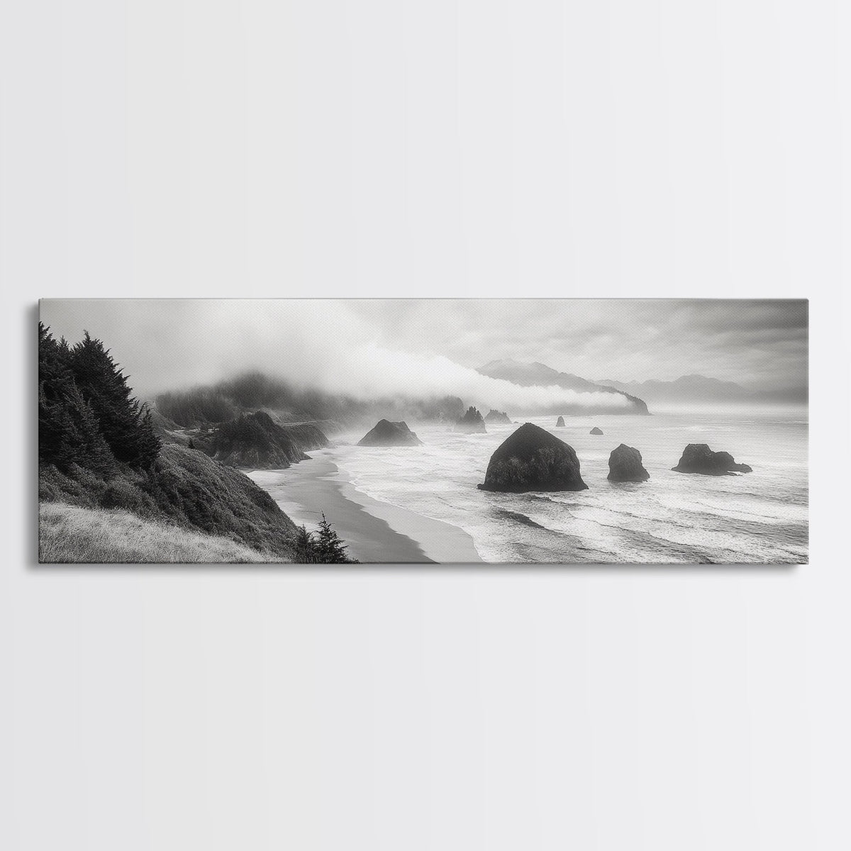 Pacific Coast, Misty Cliffs, Ocean Rocks, Moody Beach Scene, Canvas Print, Modern Nature Decor, Living Room Wall Art, Coastal Landscape