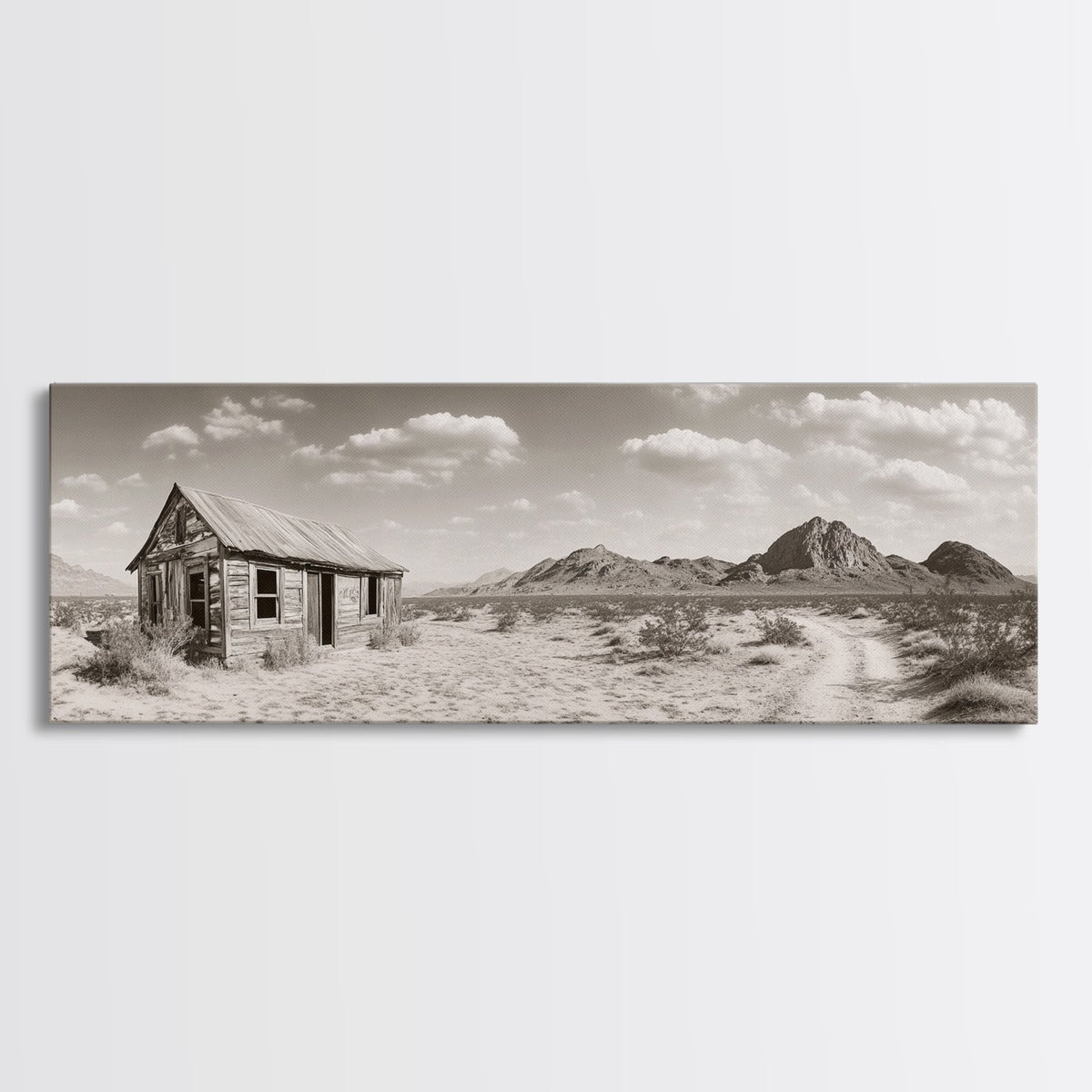 Desert Cabin, Rustic Shack, Western Landscape, Framed Canvas Print, Sepia Wall Art, Office Decor, Vintage Desert Scene