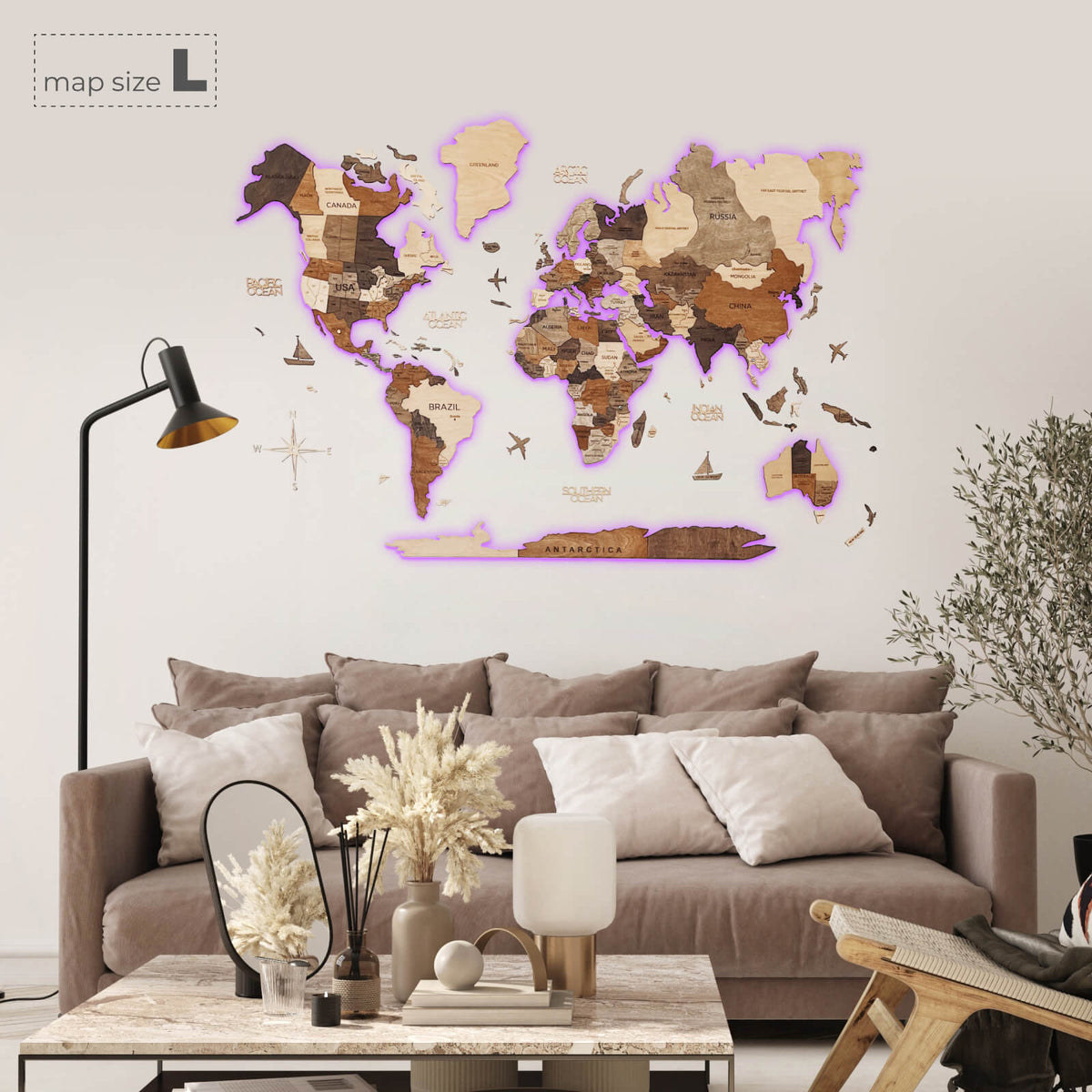 3D LED Wooden World Map Wall Art – Multicolor Illuminated Map for Living Room & Office Decor