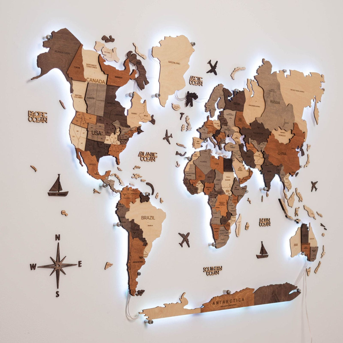 3D LED Wooden World Map Wall Art – Multicolor Illuminated Map for Living Room & Office Decor