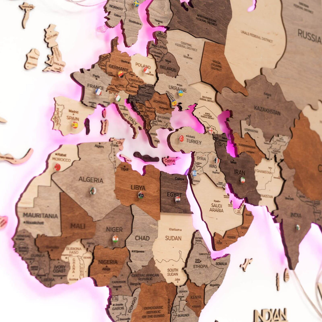 3D LED Wooden World Map Wall Art – Multicolor Illuminated Map for Living Room & Office Decor