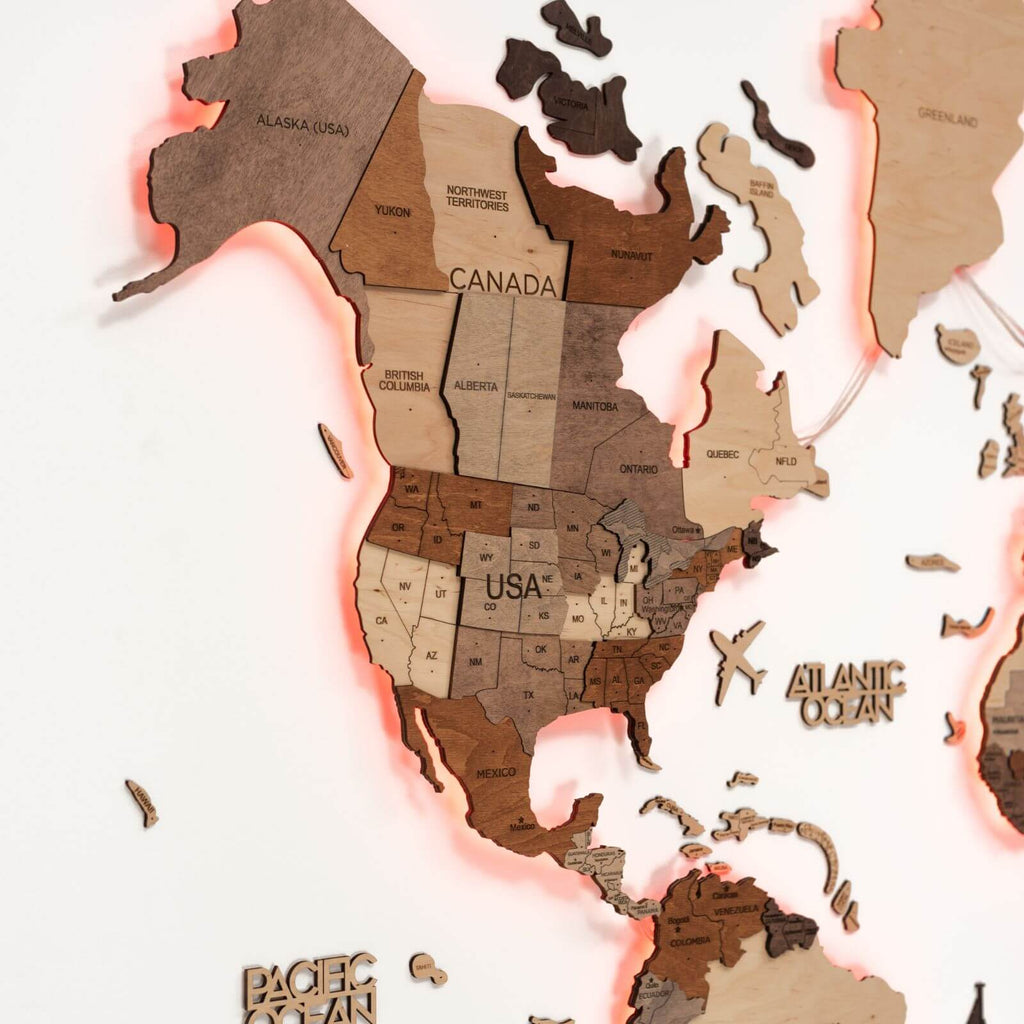 3D LED Wooden World Map Wall Art – Multicolor Illuminated Map for Living Room & Office Decor