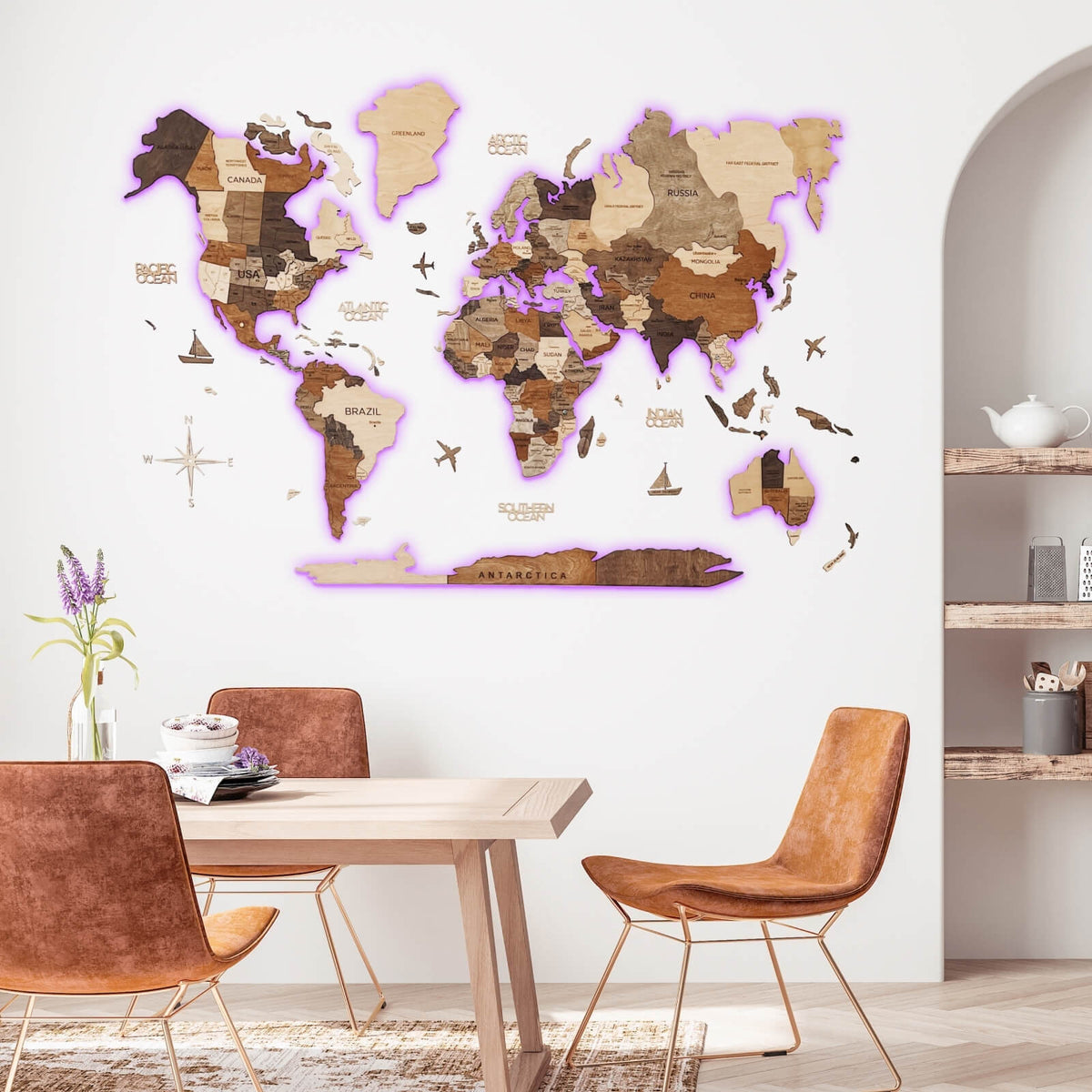 3D LED Wooden World Map Wall Art – Multicolor Illuminated Map for Living Room & Office Decor