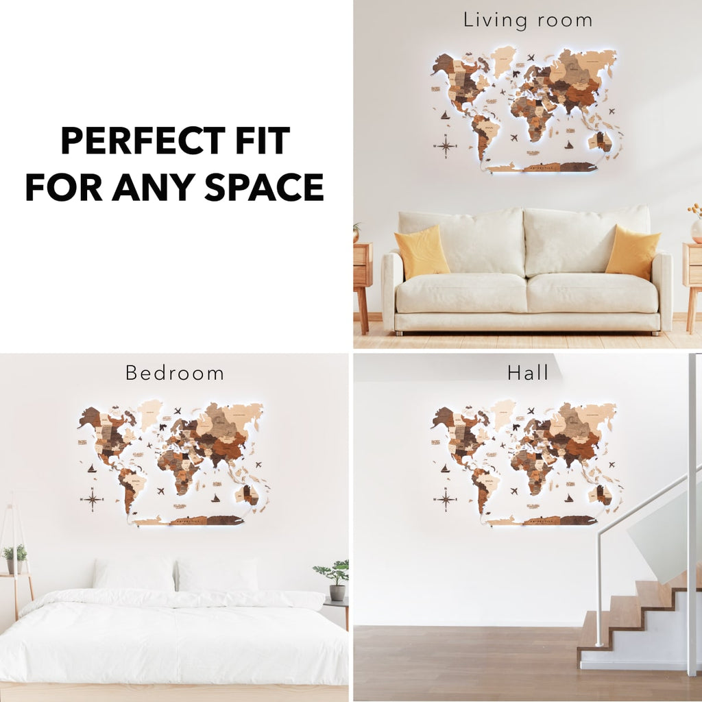 3D LED Wooden World Map Wall Art – Multicolor Illuminated Map for Living Room & Office Decor