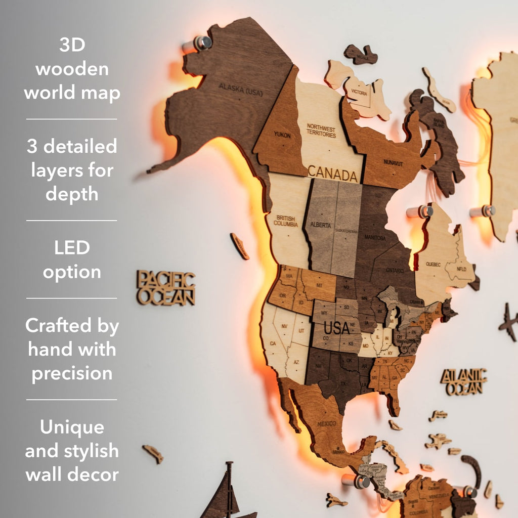 3D LED Wooden World Map Wall Art – Multicolor Illuminated Map for Living Room & Office Decor
