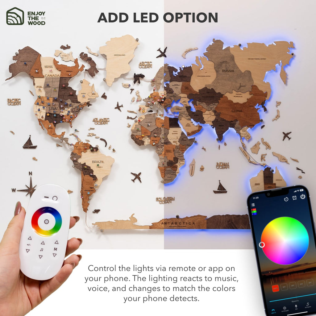 3D LED Wooden World Map Wall Art – Multicolor Illuminated Map for Living Room & Office Decor