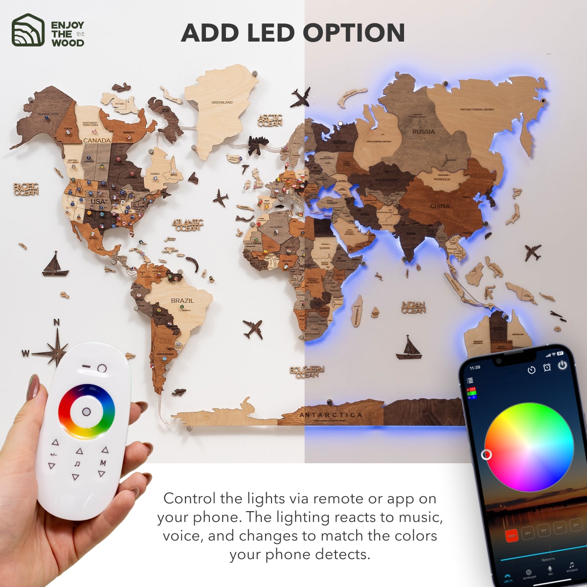 3D LED Wooden World Map Wall Art – Multicolor Illuminated Map for Living Room & Office Decor