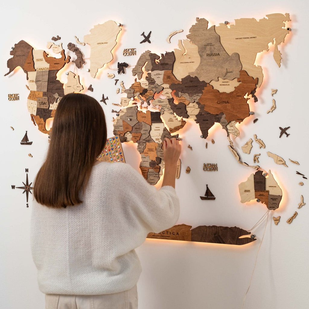 3D LED Wooden World Map Wall Art – Multicolor Illuminated Map for Living Room & Office Decor