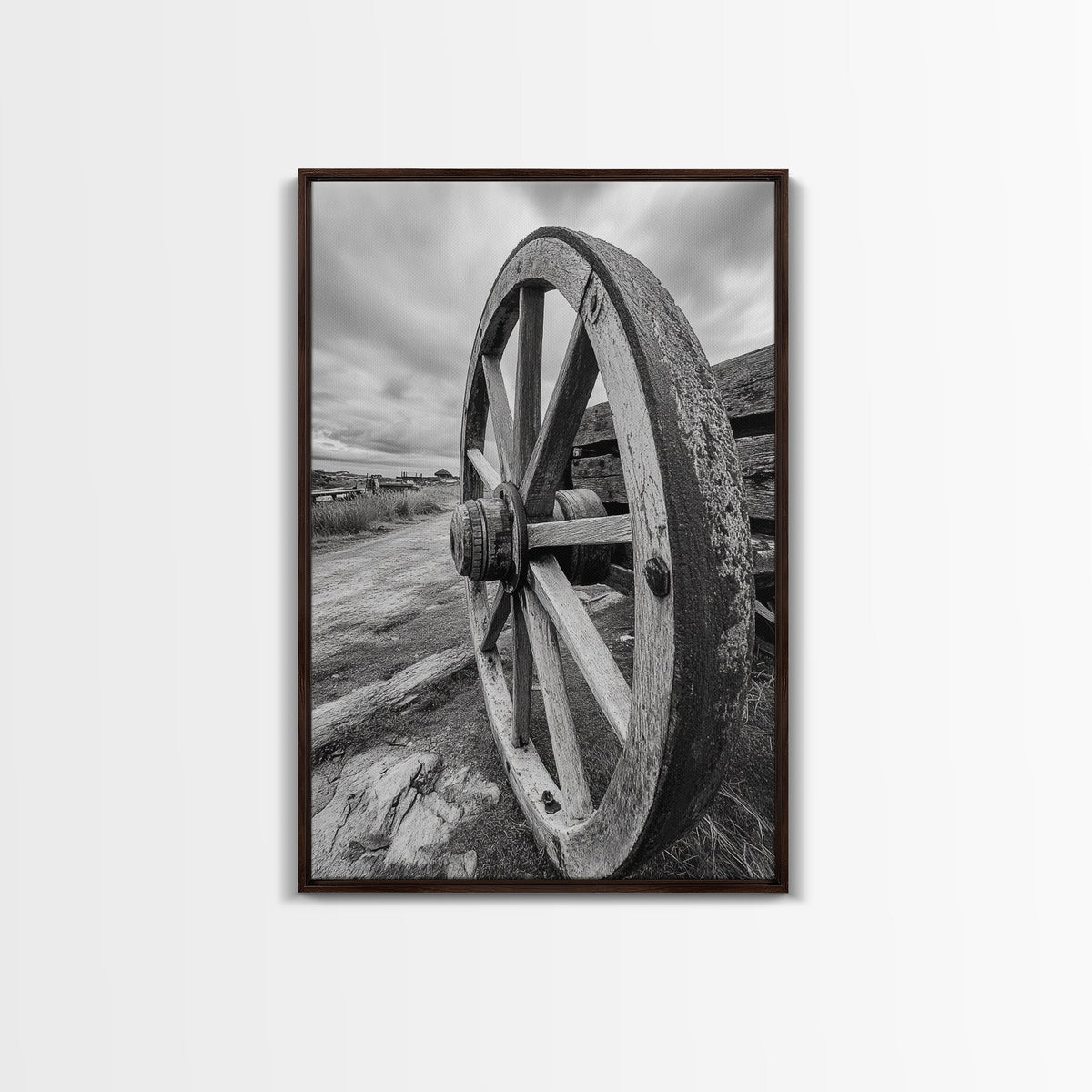 Rustic Wagon Wheel, Country Road, Western Wall Decor, Framed Canvas Print, Farmhouse Style, Living Room Art, Vintage Photography