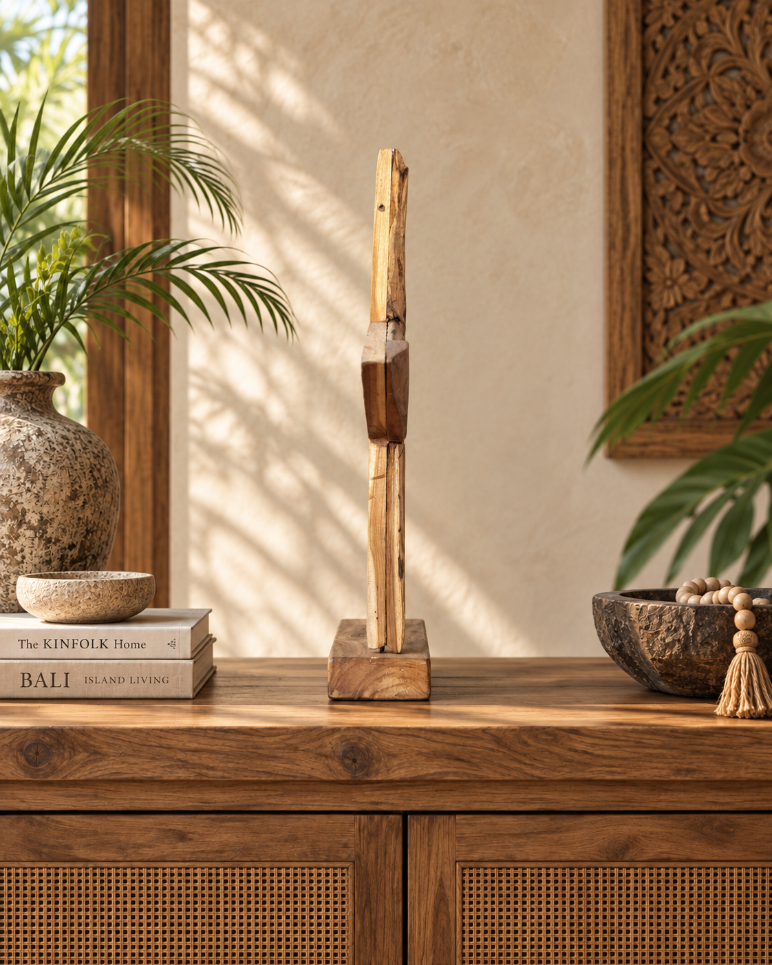 Hand-Carved Bali Teak Star Sculpture on Stand – Small