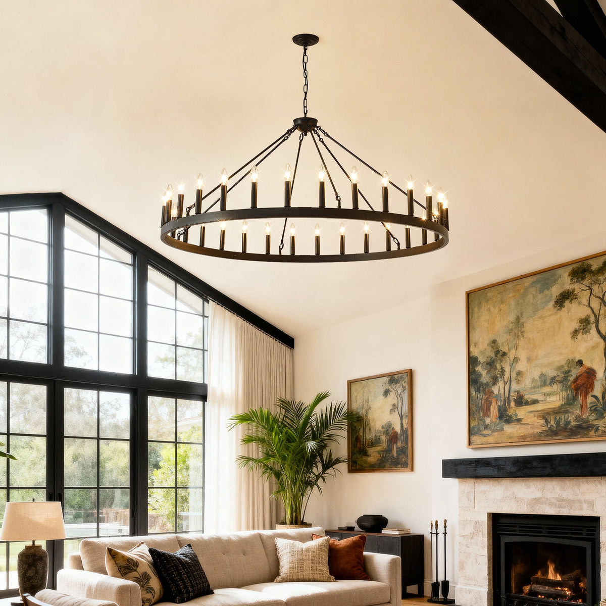 53" Matte Black Wagon Wheel Chandelier with 30 Lights – Rustic Farmhouse Ceiling Light