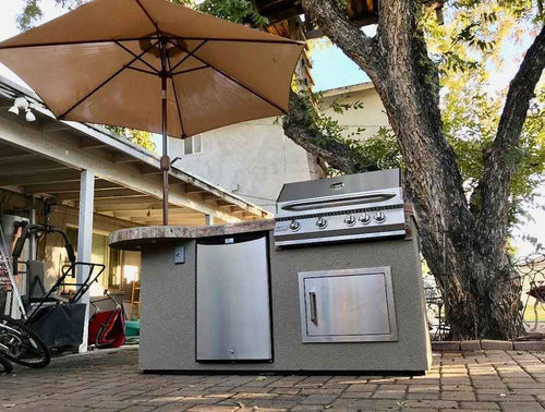 7.5' Outdoor BBQ Island with Round Bar, LED Lights & Built-In Grill – Backyard Entertainment Bar