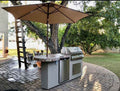 7.5' Outdoor BBQ Island with Round Bar, LED Lights & Built-In Grill – Backyard Entertainment Bar