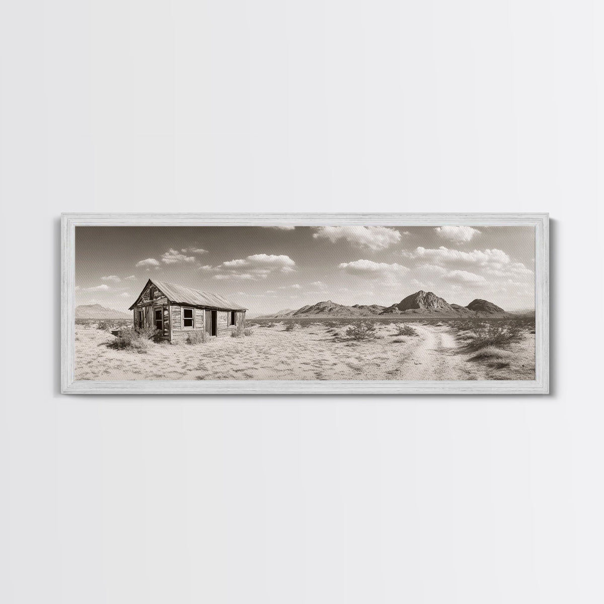 Desert Cabin, Rustic Shack, Western Landscape, Framed Canvas Print, Sepia Wall Art, Office Decor, Vintage Desert Scene