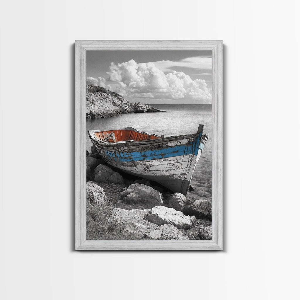 Rustic Boat Painting, Coastal Decor, Nautical Wall Art, Seascape Painting, Beach House Art, Gift Idea, Canvas Print, Wabi Sabi Art