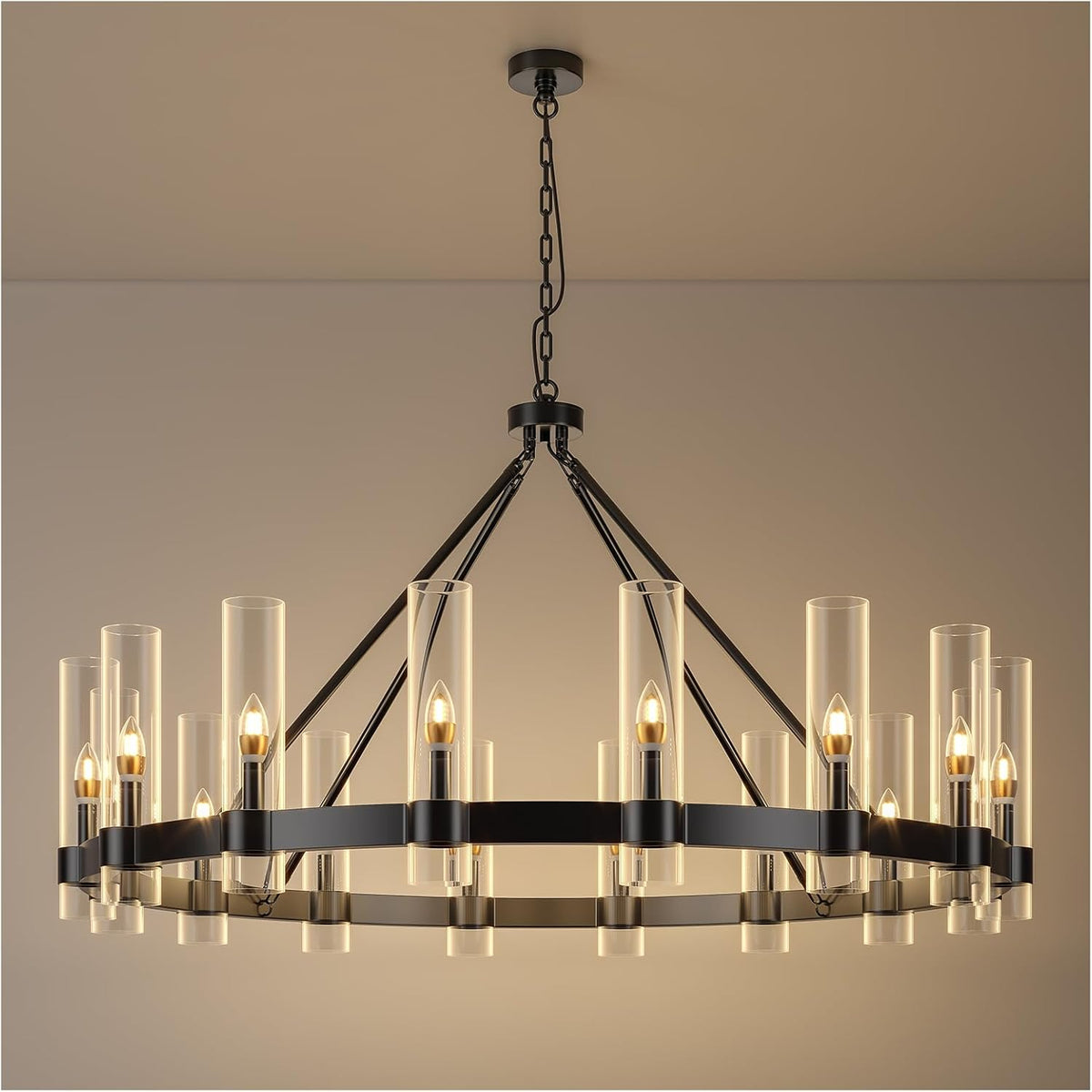 48" Black Wagon Wheel Chandelier with Glass Shades – Rustic Farmhouse Ceiling Light
