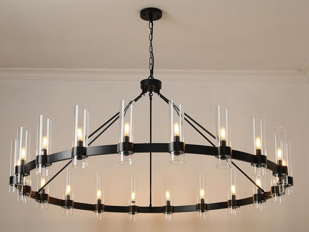 60" Large Black Wagon Wheel Chandelier – Rustic Farmhouse Ceiling Light for Great Rooms & Barns
