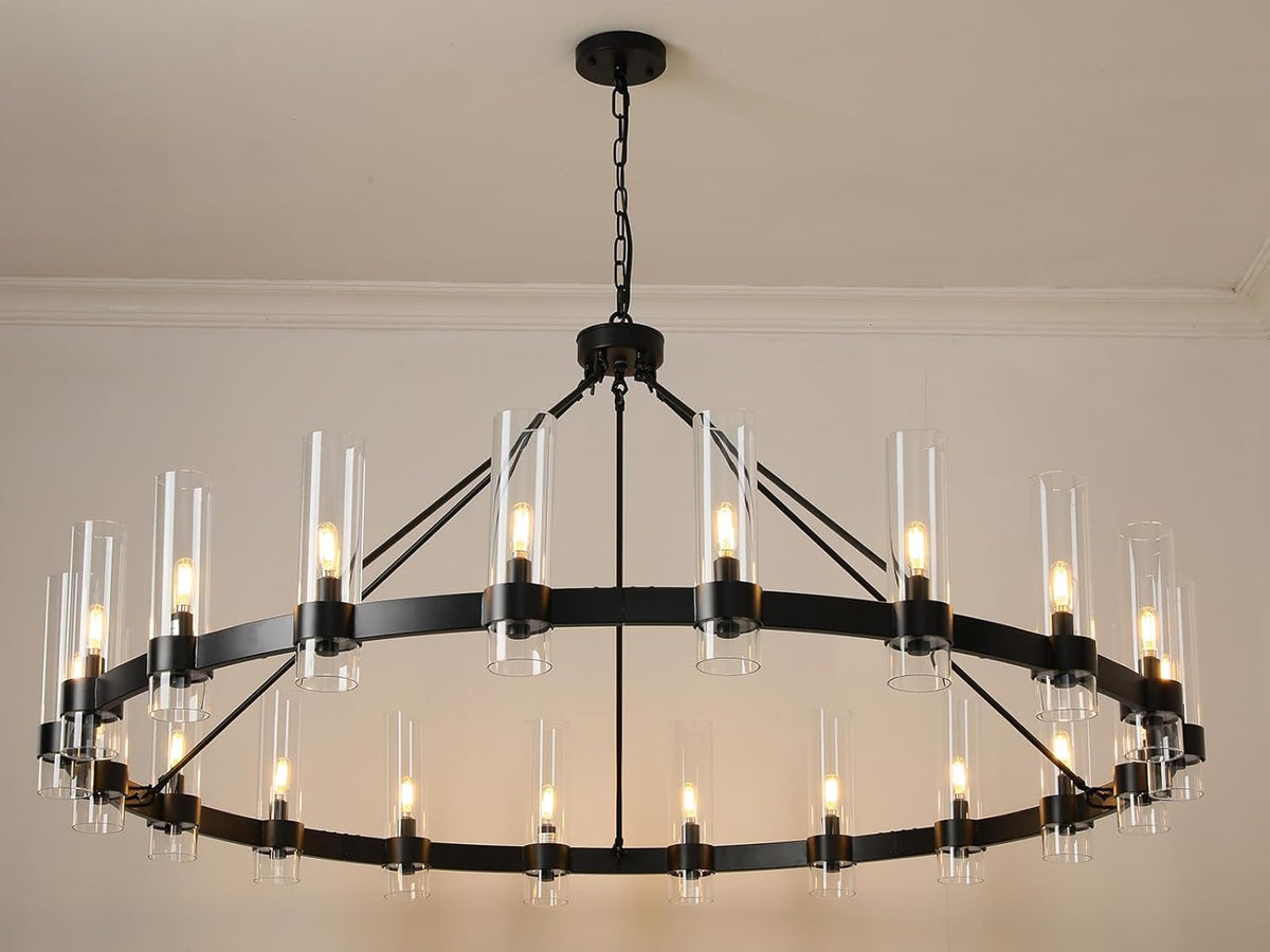 60" Large Black Wagon Wheel Chandelier – Rustic Farmhouse Ceiling Light for Great Rooms & Barns