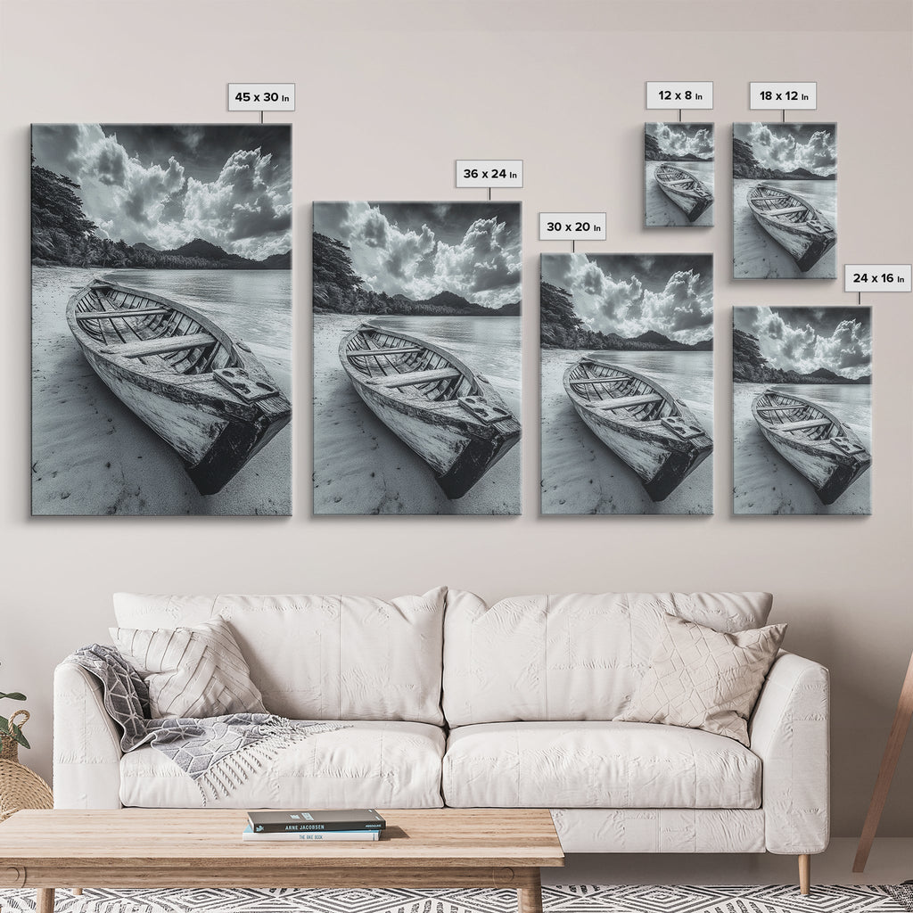 Abandoned Rowboat, Tropical Coastline, Vintage Travel Vibes, Black and White Canvas Print, Beach House or Coastal Living Wall Art