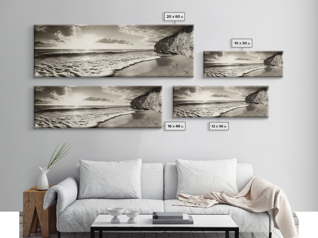 Cliff Coastline, Ocean Sunset, Beach Waves, Framed Canvas Print, seascape wall art, coastal bedroom decor, relaxing nature vibe, neutral art