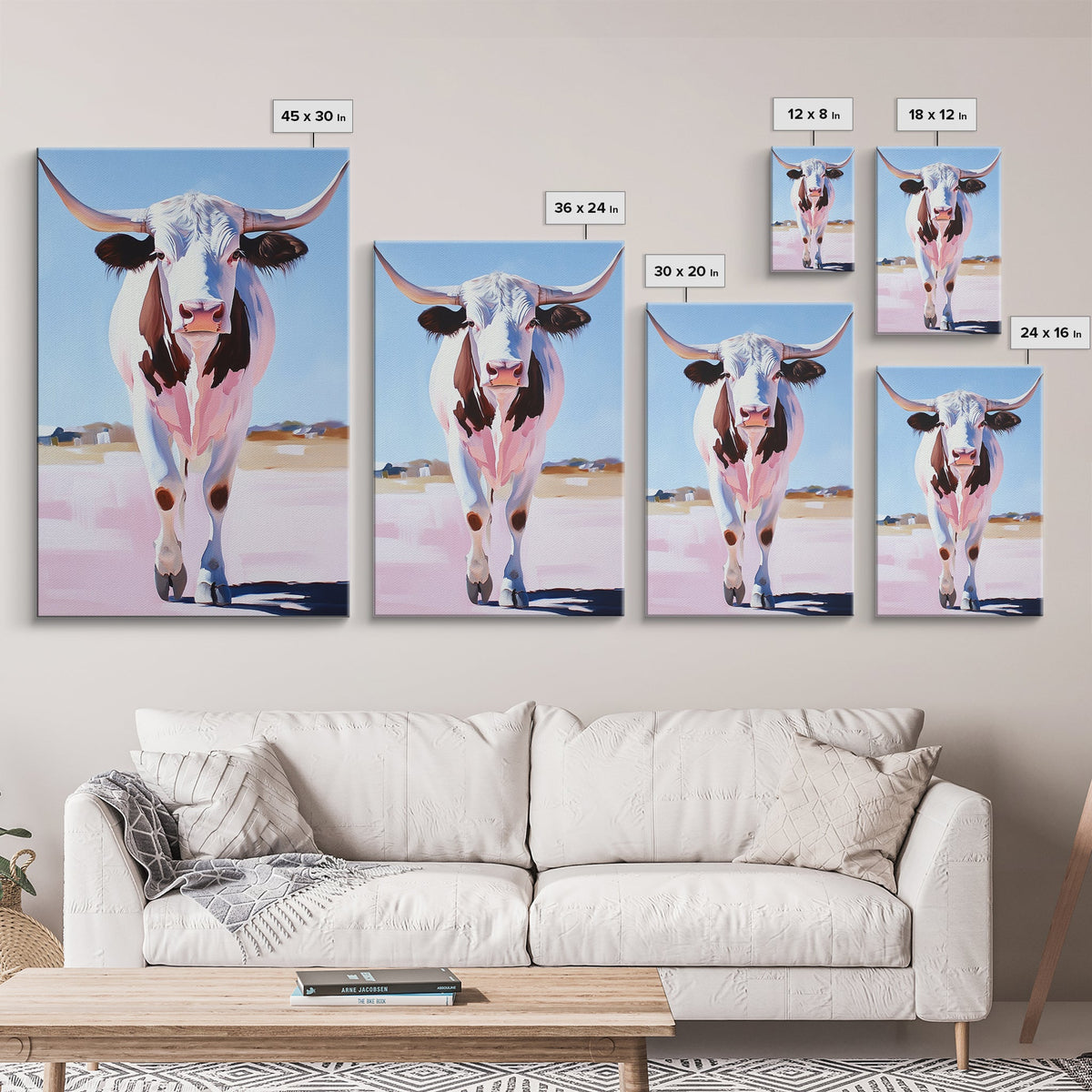 Texas Longhorn Portrait, cowboy art, rustic decor, farmhouse art, vintage horse art, moody art, southwest wall art, Canvas Print