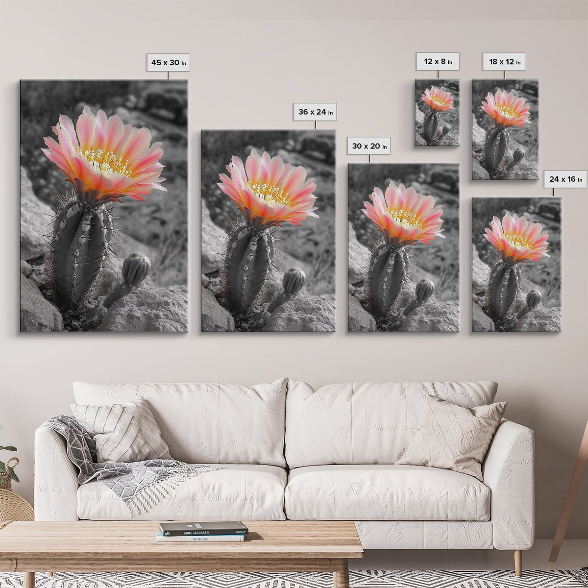 Blooming cactus, botanical print, desert flora, framed canvas print, nature decor, succulent wall art, pink flowers, southwest painting