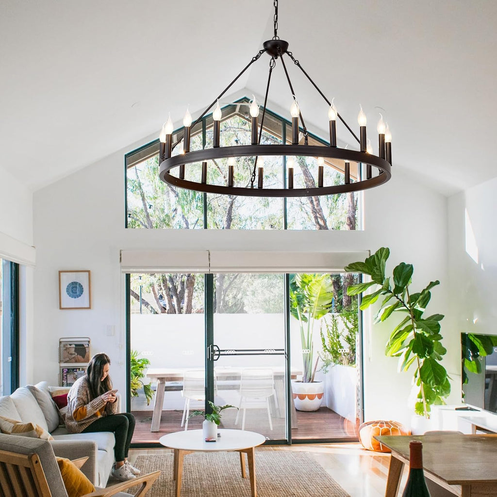 Farmhouse Wagon Wheel Chandelier – Rustic Wood & Metal Ceiling Light for Dining Room & Living Room