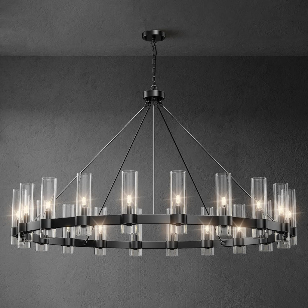 60" Large Black Wagon Wheel Chandelier – Rustic Farmhouse Ceiling Light for Great Rooms & Barns