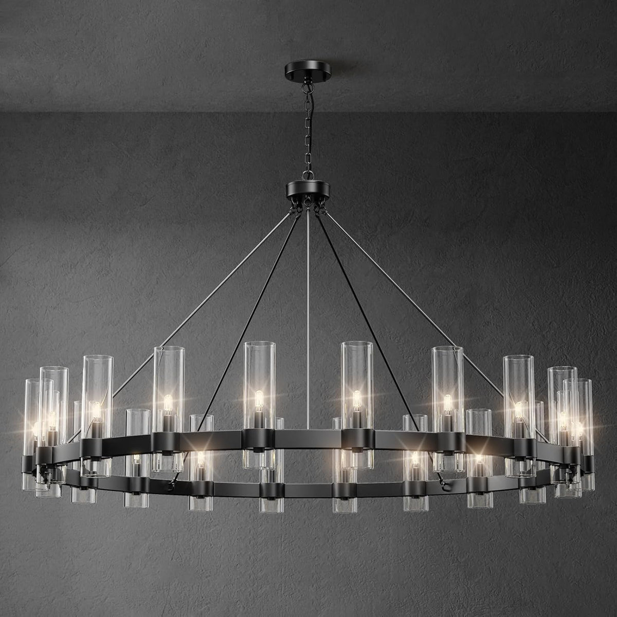 60" Large Black Wagon Wheel Chandelier – Rustic Farmhouse Ceiling Light for Great Rooms & Barns