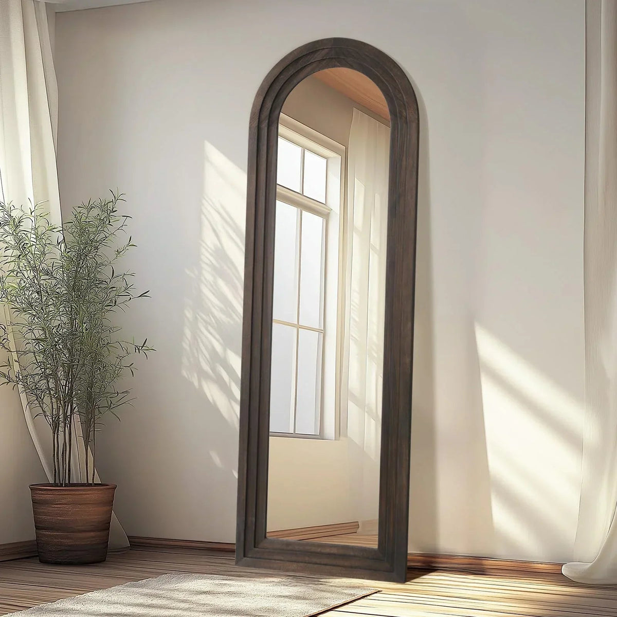Rustic Farmhouse Arched Floor Mirror – Solid Wood Full Length Leaner Mirror for Bedroom