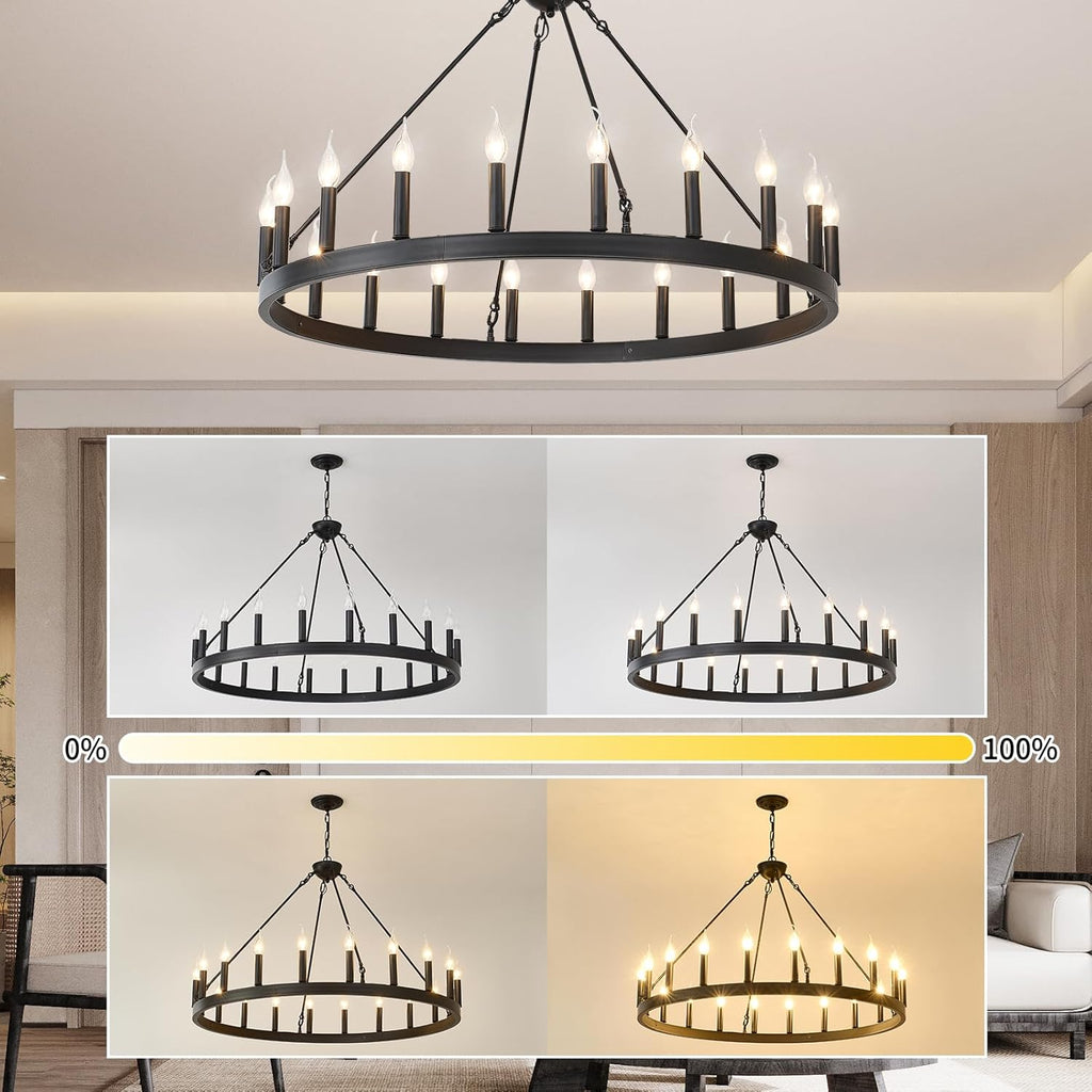 Farmhouse Wagon Wheel Chandelier – Rustic Wood & Metal Ceiling Light for Dining Room & Living Room