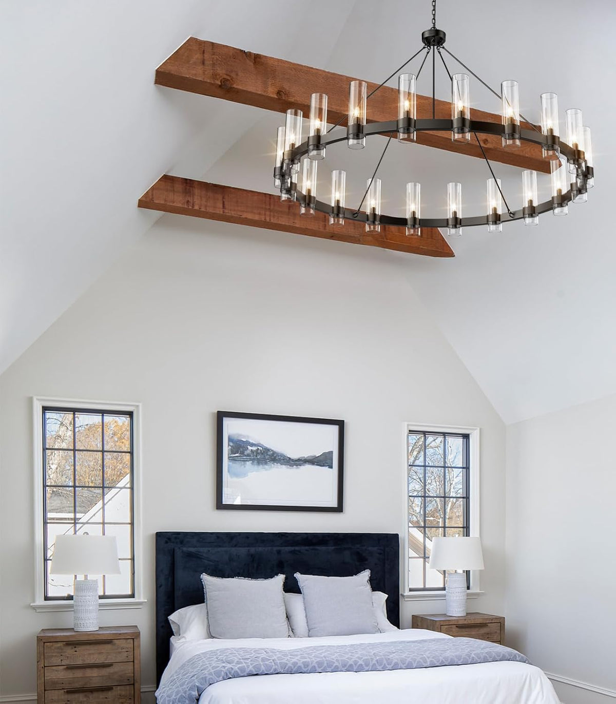 60" Large Black Wagon Wheel Chandelier – Rustic Farmhouse Ceiling Light for Great Rooms & Barns
