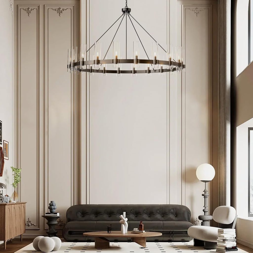 60" Large Black Wagon Wheel Chandelier – Rustic Farmhouse Ceiling Light for Great Rooms & Barns