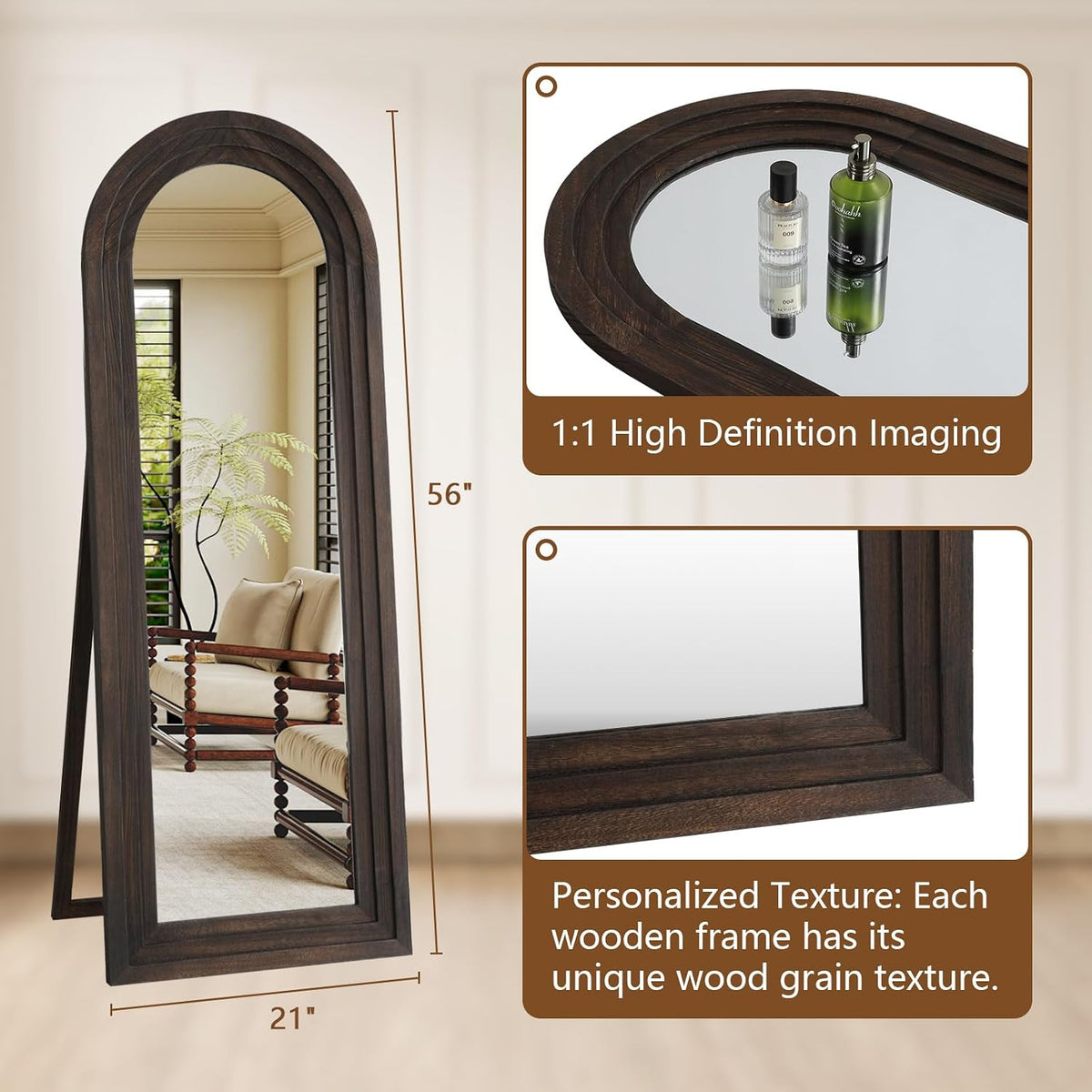 Rustic Farmhouse Arched Floor Mirror – Solid Wood Full Length Leaner Mirror for Bedroom