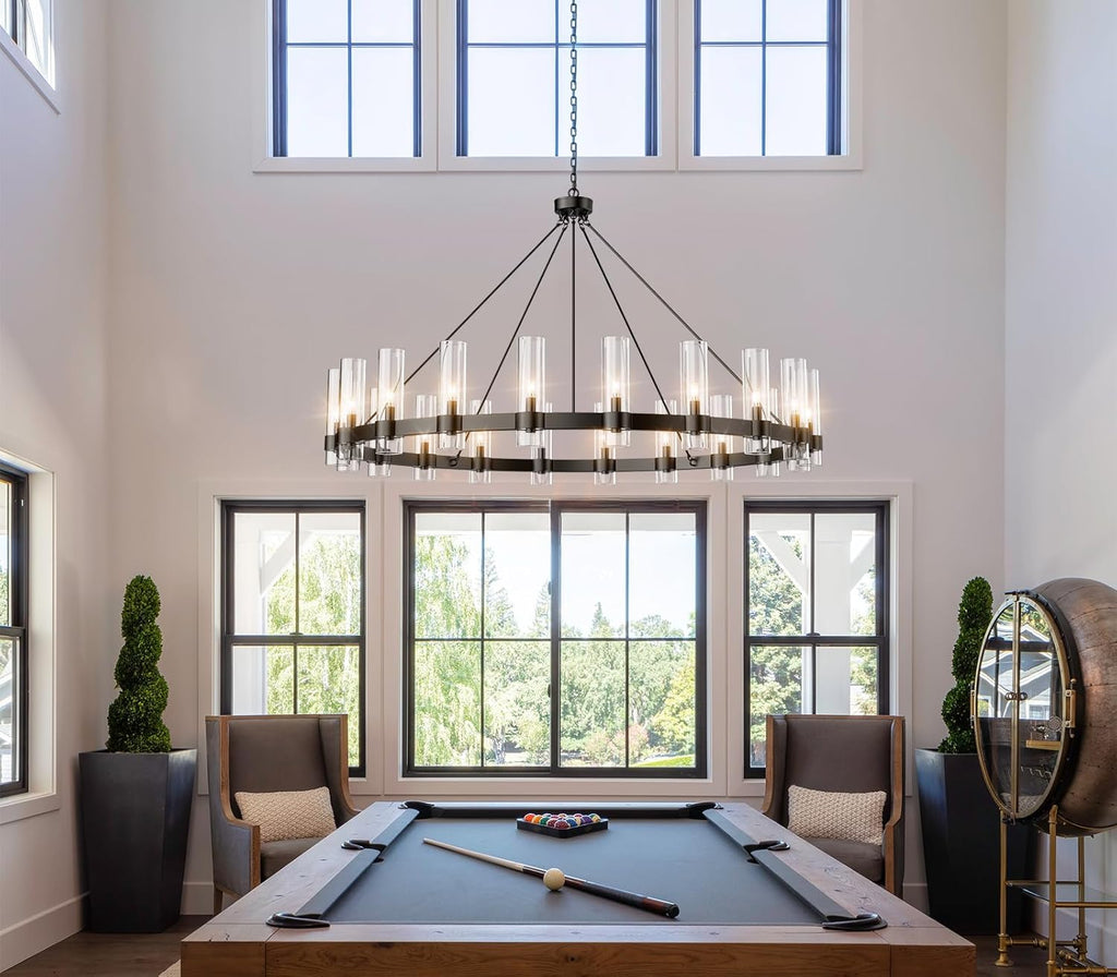 60" Large Black Wagon Wheel Chandelier – Rustic Farmhouse Ceiling Light for Great Rooms & Barns