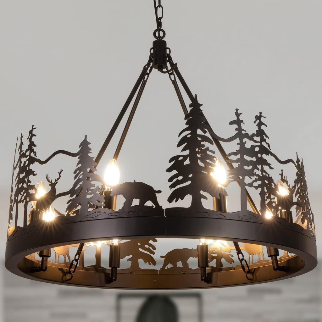 Black Forest Wagon Wheel Chandelier – Dark Rustic Ceiling Light for Lodge & Cabin Decor
