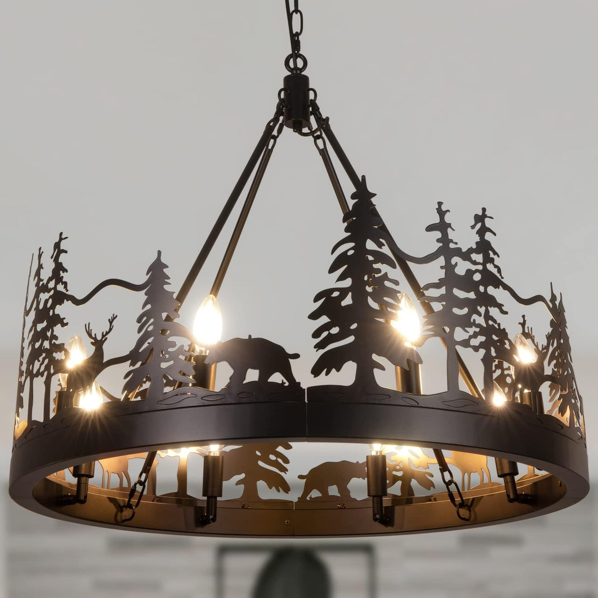 Black Forest Wagon Wheel Chandelier – Dark Rustic Ceiling Light for Lodge & Cabin Decor