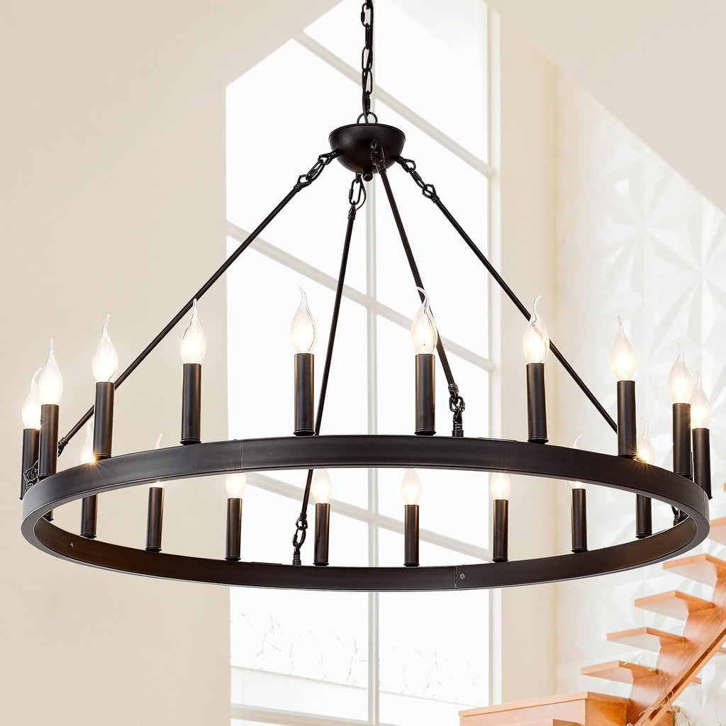 Farmhouse Wagon Wheel Chandelier – Rustic Wood & Metal Ceiling Light for Dining Room & Living Room
