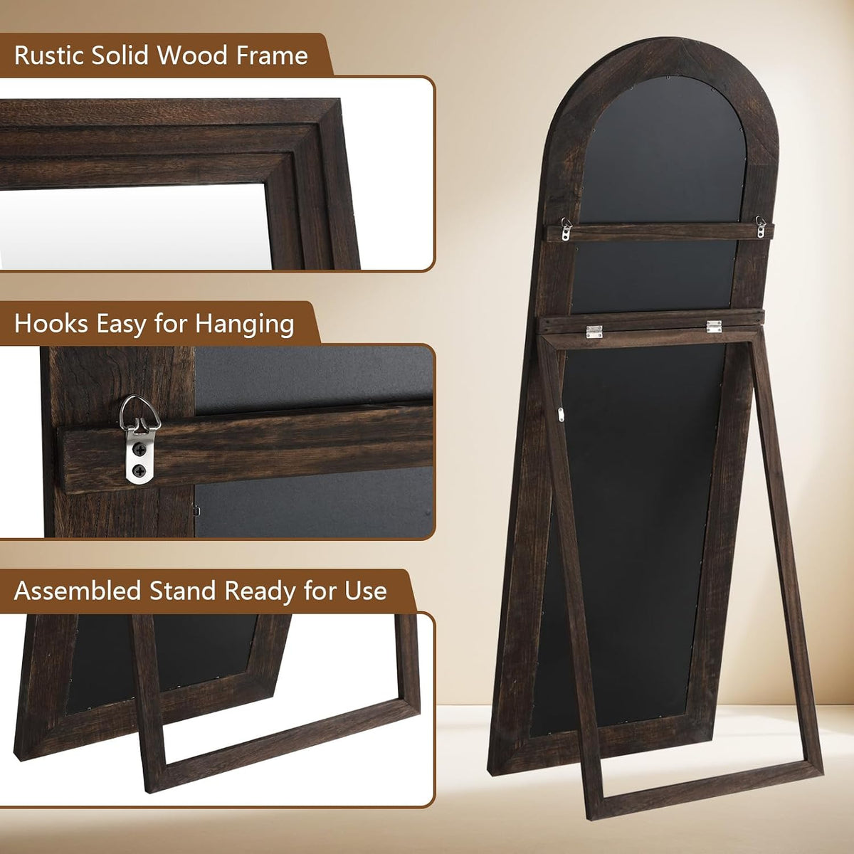 Rustic Farmhouse Arched Floor Mirror – Solid Wood Full Length Leaner Mirror for Bedroom