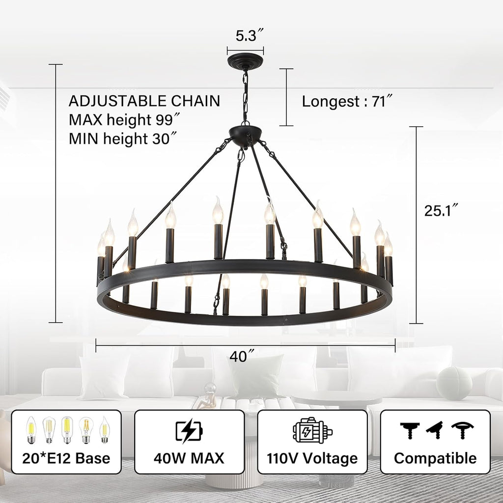 Farmhouse Wagon Wheel Chandelier – Rustic Wood & Metal Ceiling Light for Dining Room & Living Room