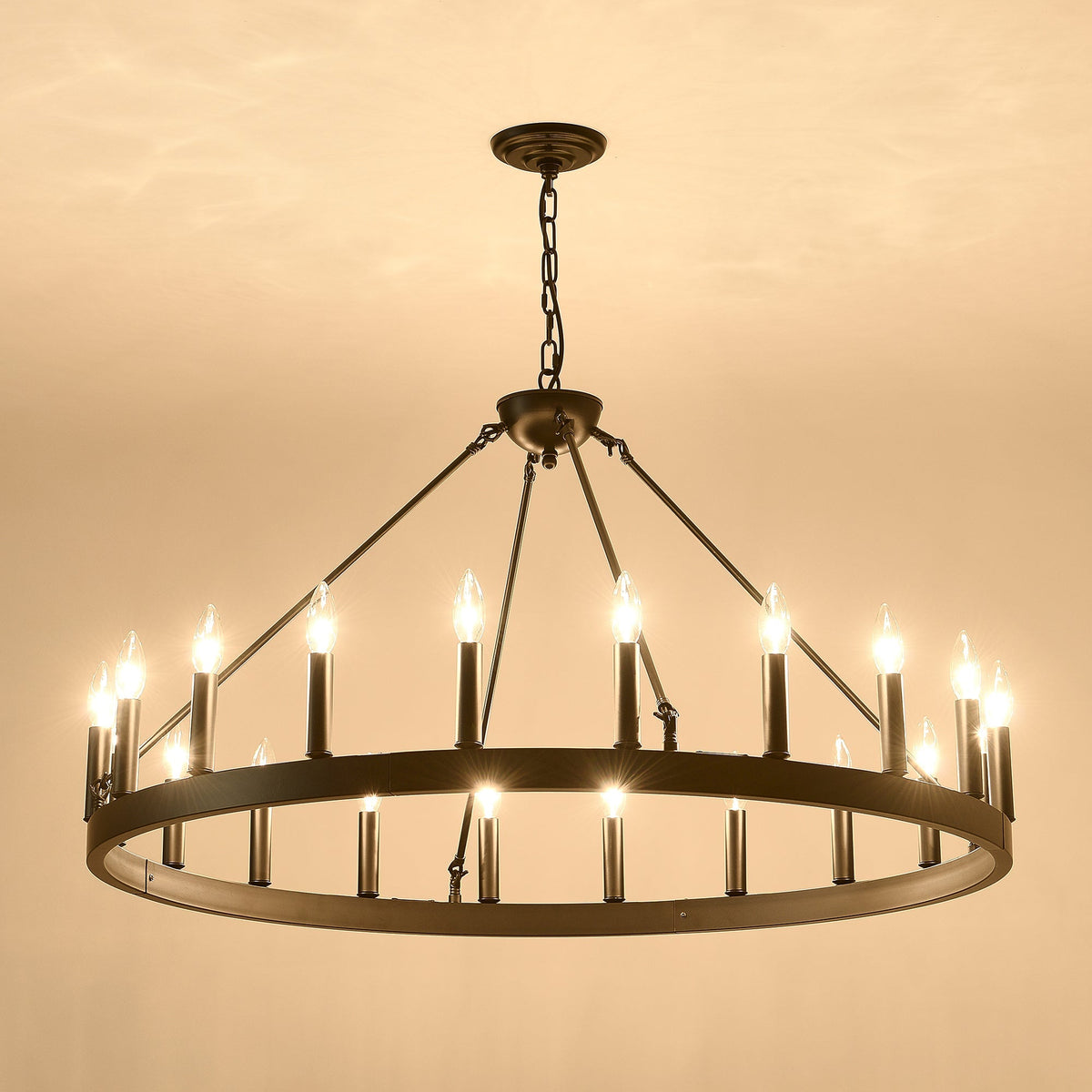 53" Matte Black Wagon Wheel Chandelier with 30 Lights – Rustic Farmhouse Ceiling Light