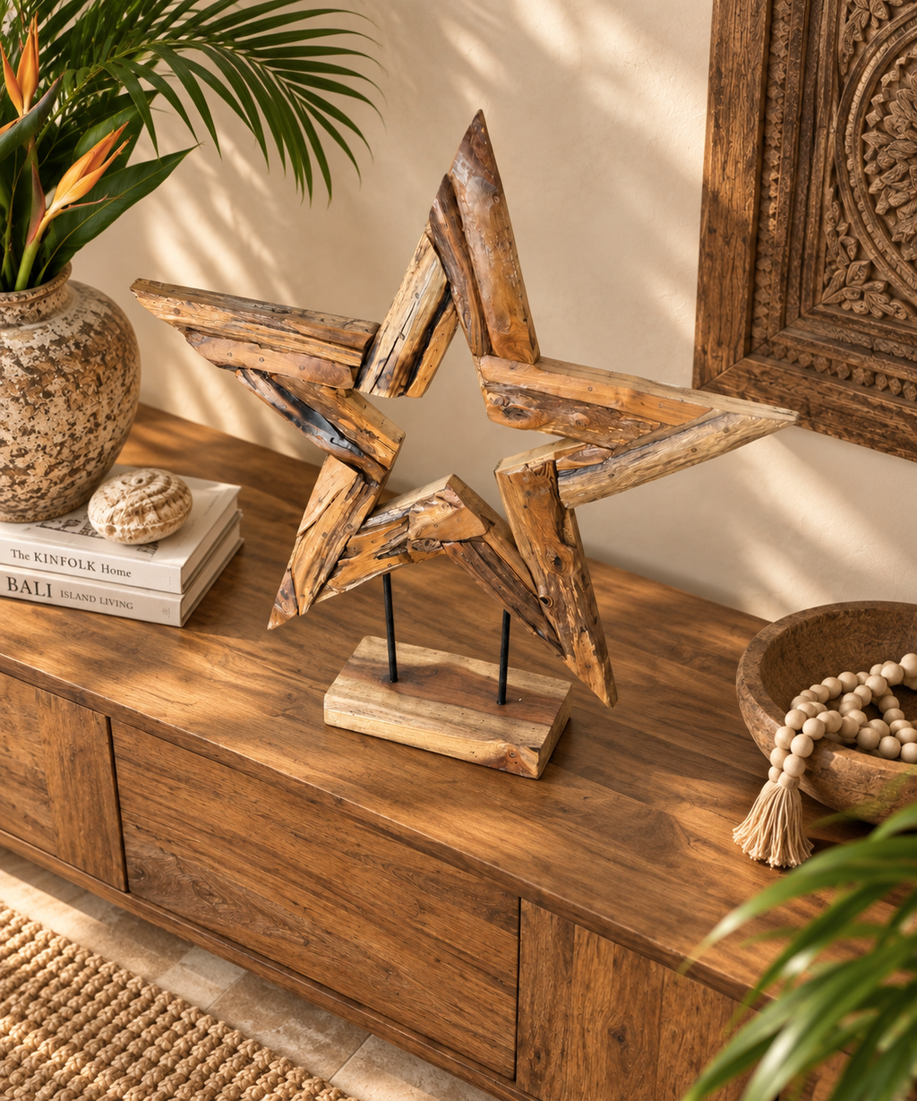 Hand-Carved Bali Teak Star Sculpture on Stand – Medium
